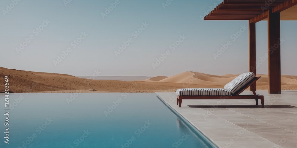 Fototapeta premium A single sun lounger with a striped fabric cushion placed next to a serene pool in a luxury desert resort