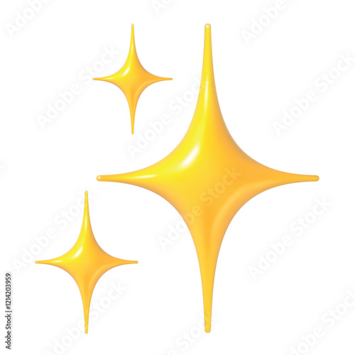 Sparkles emoji. Shining stars 3d realistic render glossy golden icon. Twinkle yellow star symbol for social media message. Vector isolated positive feedback UI sign.