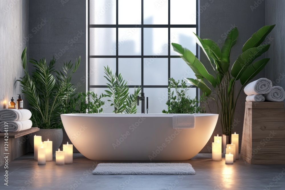 Fototapeta premium Modern bathroom, bathtub, plants, candles, city view, relaxation