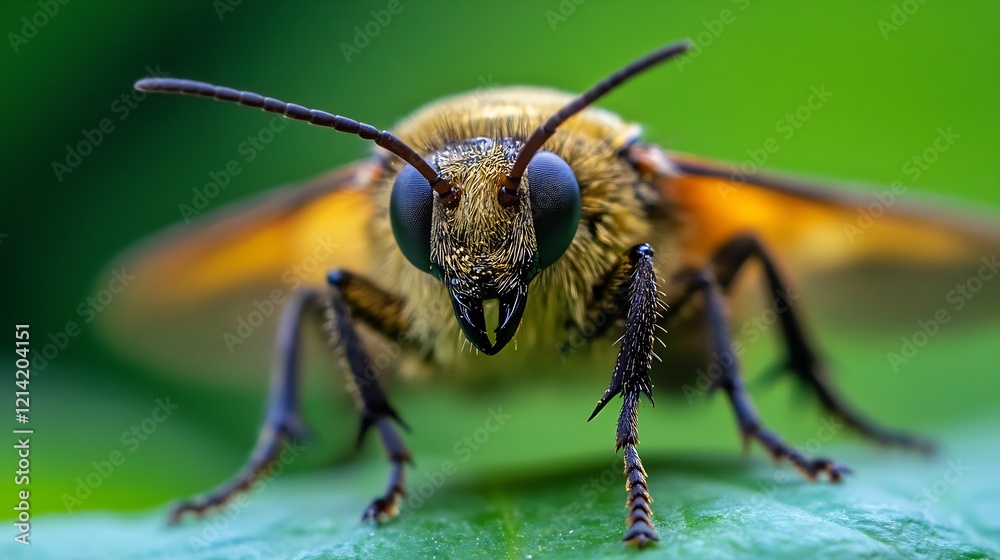 Extreme CloseUp of Brown Flying Insect with Big Eyes on Green Background : Generative AI Extreme CloseUp of Brown Flying Insect with Big Eyes on Green Background : Generative AI