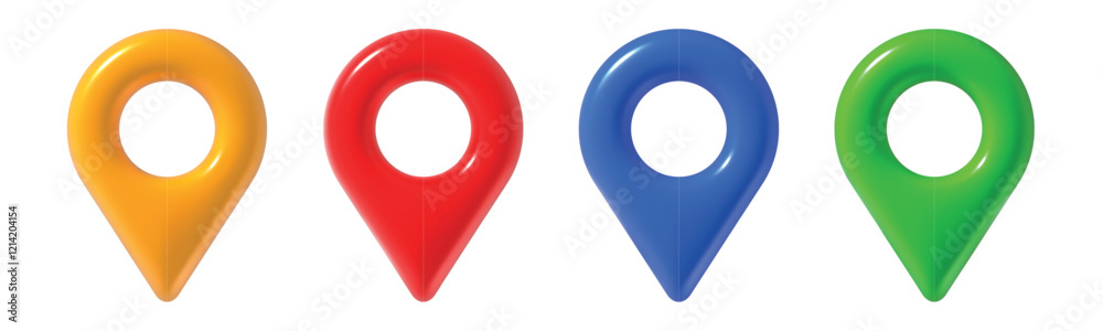 3d map pins. Realistic geo tag red, blue and yellow, green color pin for map, front view. Travel app navigation gps location vector isolated icons set.