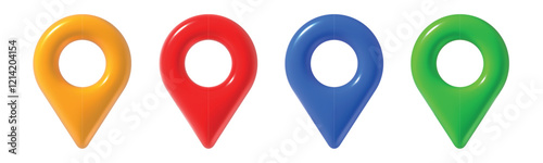 3d map pins. Realistic geo tag red, blue and yellow, green color pin for map, front view. Travel app navigation gps location vector isolated icons set.
