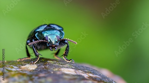 Vibrant Metallic Blue Beetle Crawling on a Mossy Forest Rock Surface : Generative AI photo