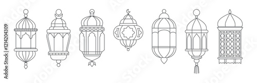 Lanterns ramadan line. Arabic traditional vintage lantern in linear style for muslim Ramadan Kareem holiday. Islamic design elements. Vector retro lamps isolated set.
