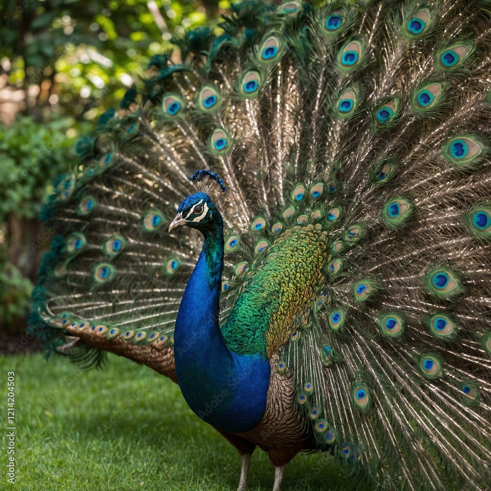Obraz premium A vibrant peacock spreading its feathers in a lush green garden.