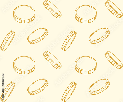 Doodle coins seamless pattern. Golden sketch coins, line cash money symbols. Investment and banking, cashback and casino gambling, deposit saving vector business texture.