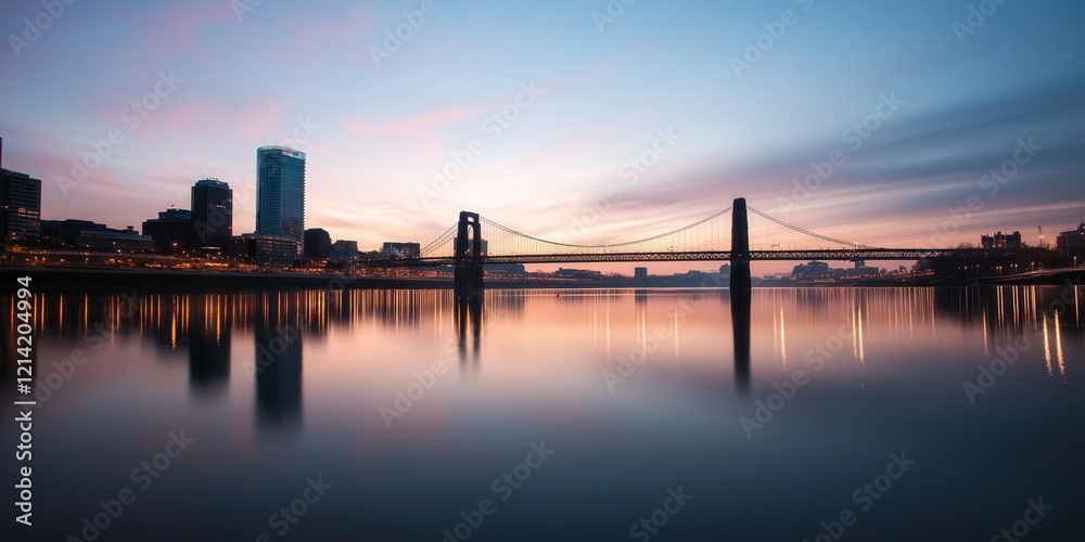 A stunning cityscape at dusk, featuring illuminated skyscrapers and a suspension bridge casting reflections on calm waters, symbolising progress and connection A stunning cityscape at dusk, featuring illuminated skyscrapers and a suspension bridge casting reflections on calm waters, symbolising progress and connection