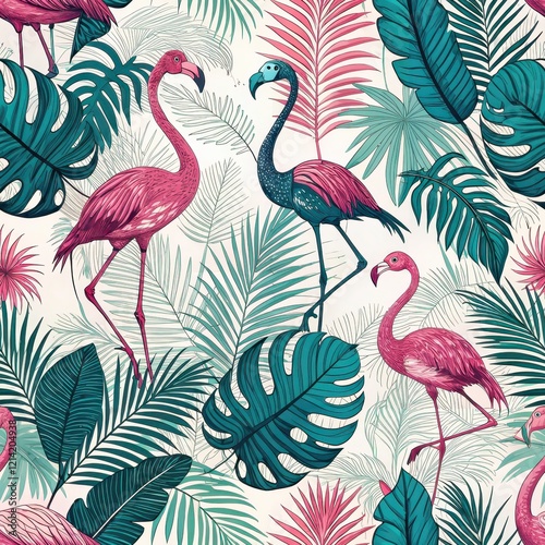 Vibrant Tropical Flamingo and Palm Leaf Seamless Pattern Design