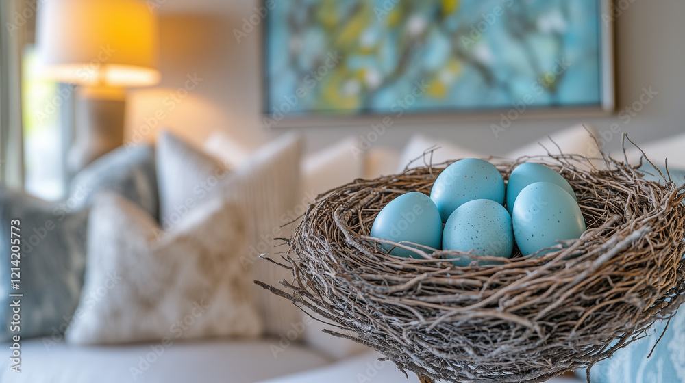 Obraz premium Close-up view of a robins nest containing beautiful blue eggs in a cozy interior setting