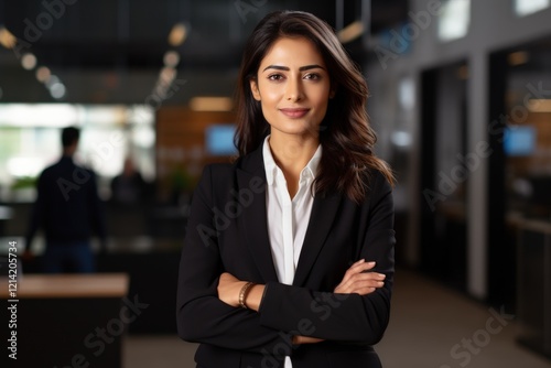 Free Download Professional Indian Woman with crossed arms in Modern Office Business Environment Portrait - GFXLoad