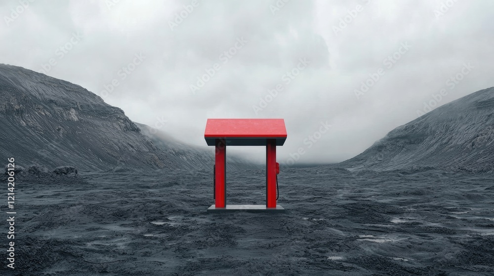 Energy crisis carbon concept. A striking red structure stands alone in a desolate, gray landscape, evoking a sense of solitude and contemplation. Energy crisis carbon concept. A striking red structure stands alone in a desolate, gray landscape, evoking a sense of solitude and contemplation.