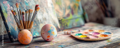 Wallpaper Mural Artistic workspace flat lay featuring brushes and colorful palette in a vibrant studio setting Torontodigital.ca