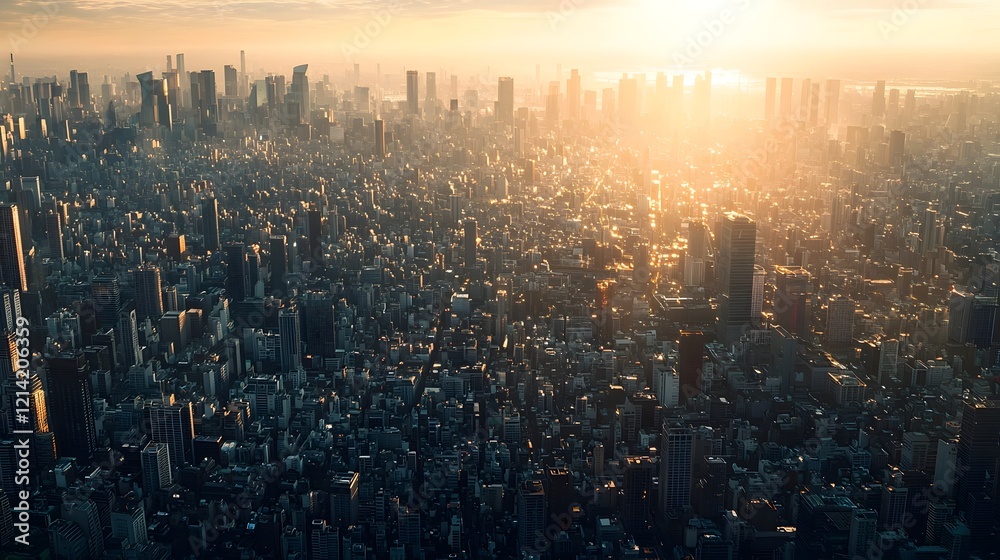 Obraz premium Expansive and Geometric Cityscape with Sunlight Highlighting Sleek Structures