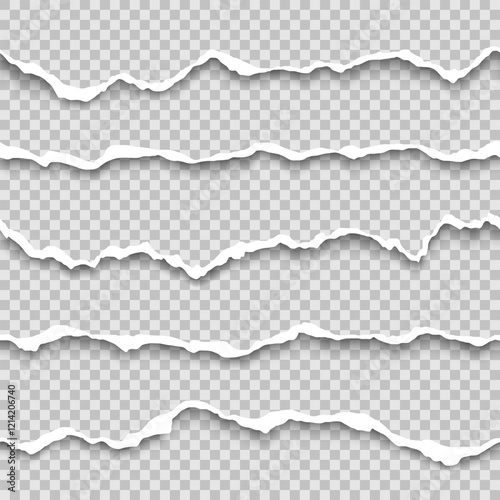 Vector set of horizontal seamless torn paper edge. Ripped white paper strips and shadow.