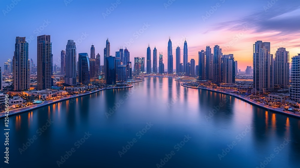 Fototapeta premium Symmetrical Skyline with Tall Reflective Buildings and Serene River at Sunset