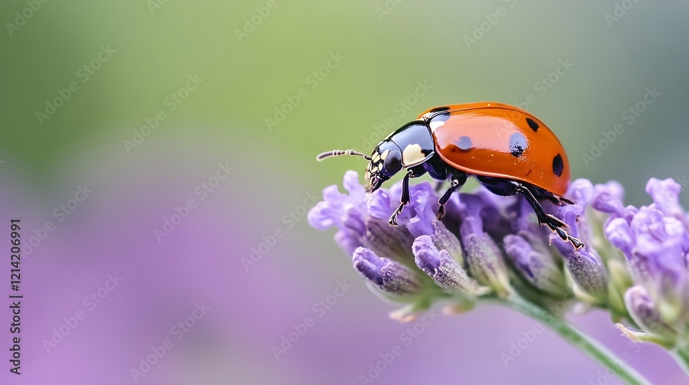 Obraz premium Vivid Ladybug on Lavender Flower in Bloom Under Natural Sunlight : Generative AI