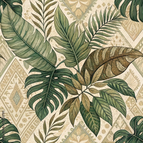 Lush Tropical Leaf Pattern Exotic Botanical Illustration Vintage Tile Design Seamless Texture