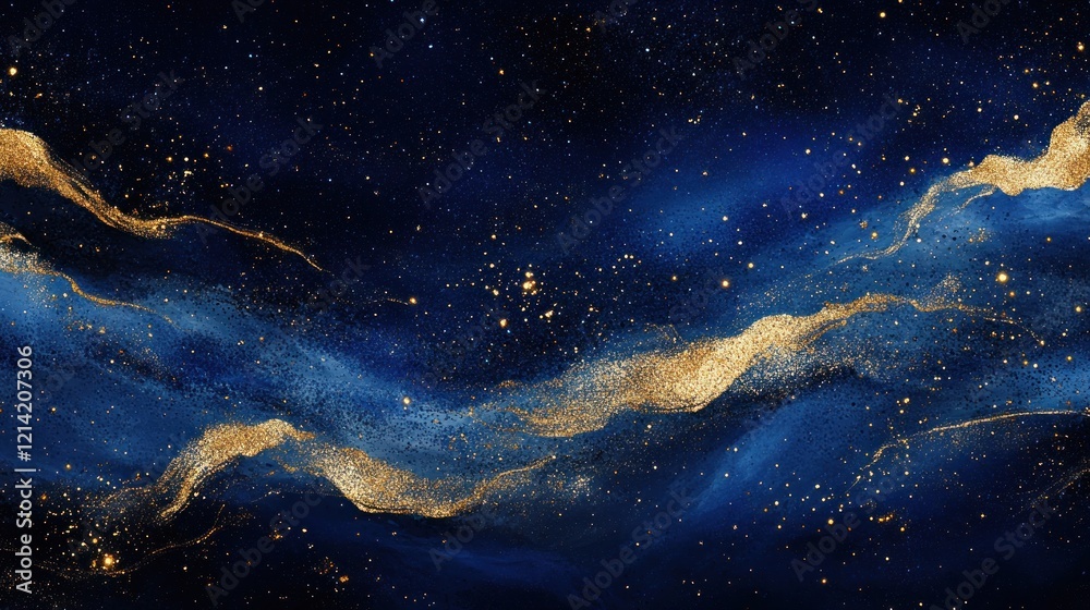 Fototapeta premium Golden nebula swirls in deep blue space, cosmic art, website banner