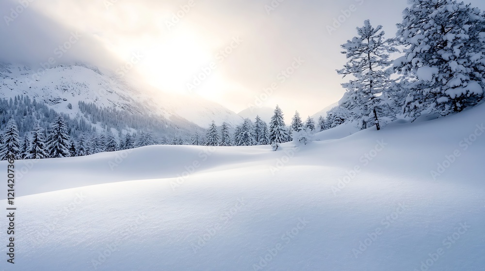 Serene Winter Landscape with Snow Covered Trees and Mountains under a Soft Sunrise : Generative AI Serene Winter Landscape with Snow Covered Trees and Mountains under a Soft Sunrise : Generative AI