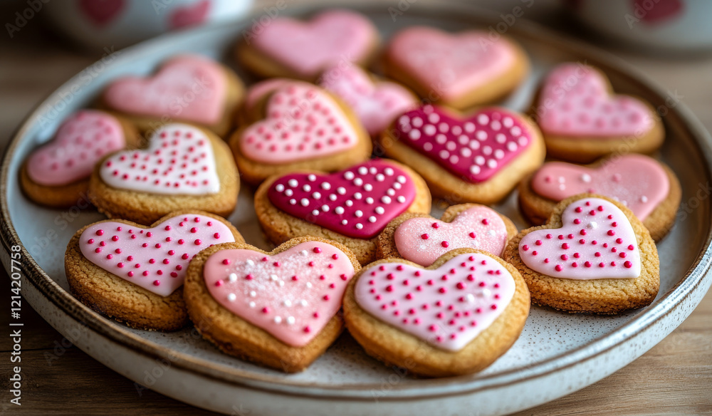 Heart-shaped celebration cookies. Colorful heart-shaped cookies arranged on a plate, ideal for a festive occasion or dessert display.