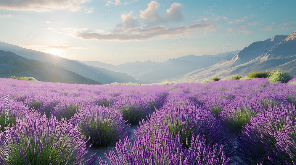 lavender flowers fields under soft sunlight with scenic mountain views lavender flowers fields under soft sunlight with scenic mountain views