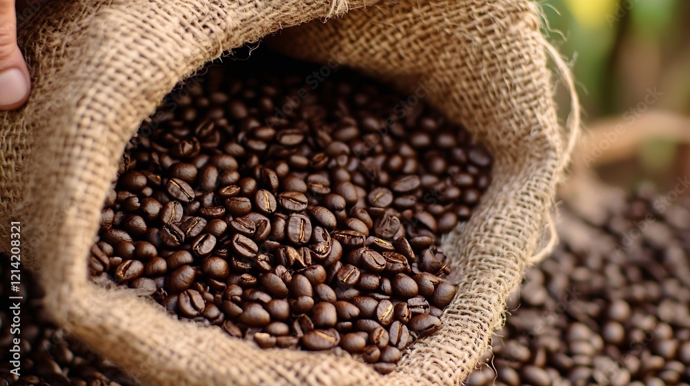 Freshly Roasted Coffee Beans in Burlap Sack Ready for Grinding : Generative AI Freshly Roasted Coffee Beans in Burlap Sack Ready for Grinding : Generative AI