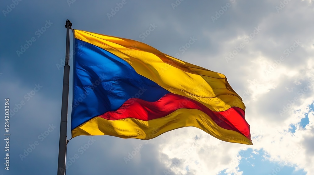 Vibrant Ukrainian Flag Waving Against Dramatic Cloudy Sky Background : Generative AI Vibrant Ukrainian Flag Waving Against Dramatic Cloudy Sky Background : Generative AI