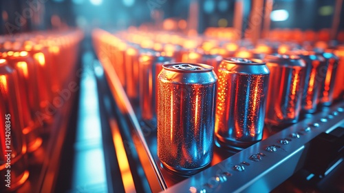aluminum cans on a conveyor system, with reflections of factory lights and machinery, showcasing industrial technology.