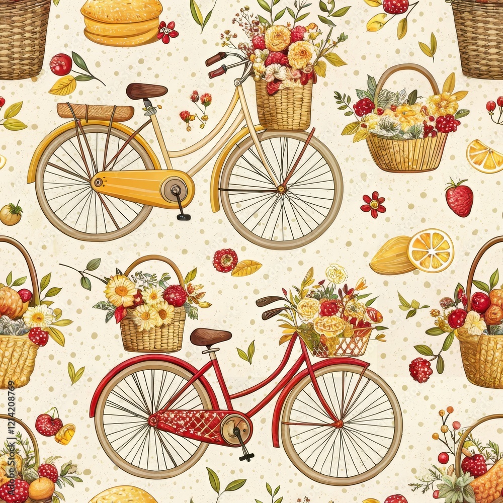 Fototapeta premium Charming Vintage Bikes with Flower Baskets Summer Fruit Seamless Pattern Design