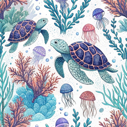 Underwater Sea Life Illustration Two Sea Turtles Jellyfish and Coral Reef Pattern