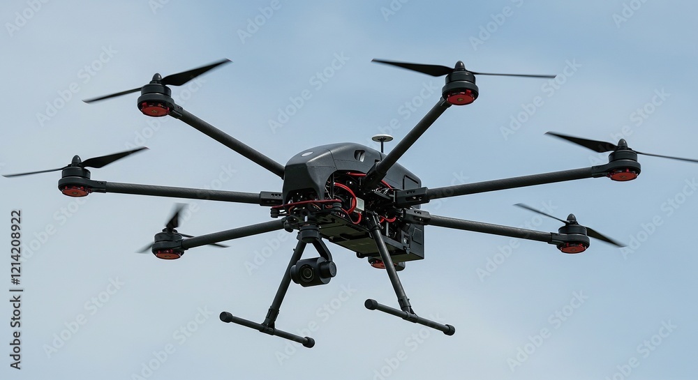 Modern drone with camera, quadrocopter, flying drone, Surveillance technology, drone in flight, closeup