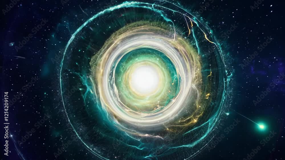 A glowing cosmic portal surrounded by swirling energy and stars in deep space. Futuristic and mysterious, ideal for sci-fi themes, technology, or space exploration concepts