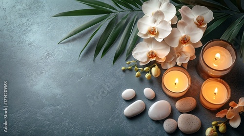 Luxurious spa banner with orchids, stones, candles, and calming elements, perfect for wellness, relaxation, and aromatherapy