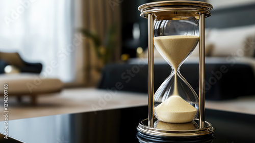 Close-up of an hourglass with golden sand flowing on a sleek black surface, symbolizing the passage of time and the importance of managing moments effectively.
