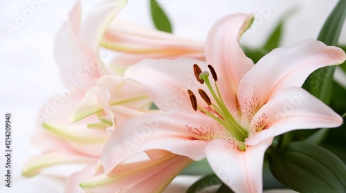 Graceful Pink Lilies with Soft Green Leaves in Gentle Illumination : Generative AI