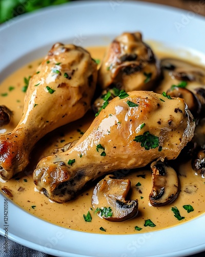Roast chicken leg cooked to perfection, served with a savory mushroom sauce.