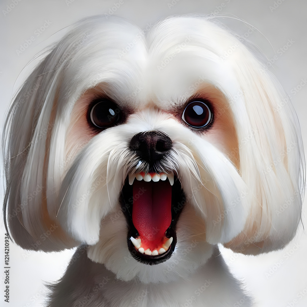 Maltese Aggressive Little Dog: A close-up portrait of a small, fluffy white dog with its mouth open in a ferocious bark, showcasing intense dark eyes and bared teeth. Maltese Aggressive Little Dog: A close-up portrait of a small, fluffy white dog with its mouth open in a ferocious bark, showcasing intense dark eyes and bared teeth.