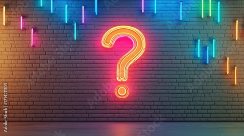 Neon sign in form of a question mark on a wall background representing questions session backdrop