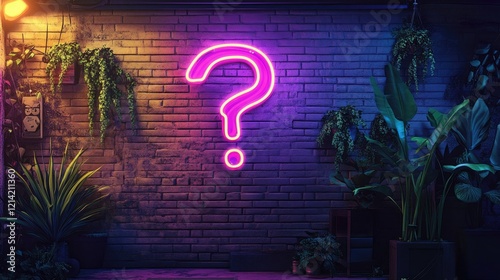 Neon sign in form of a question mark on a wall background representing questions session backdrop