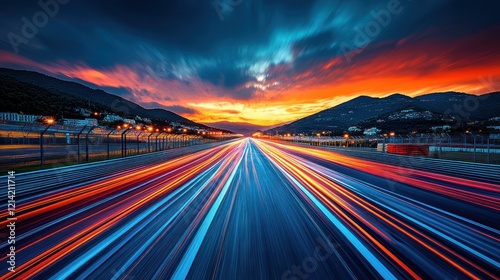 Speed, highway, sunset, mountains, race track, motion blur, vibrant, advertising photo