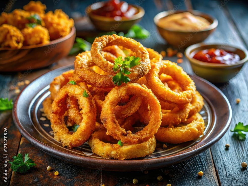 Psychedelic fried onion rings explode with surreal color, a homemade dipping sauce enhancing the visual feast. Psychedelic fried onion rings explode with surreal color, a homemade dipping sauce enhancing the visual feast.