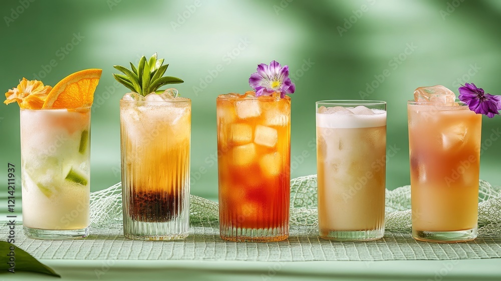 Fototapeta premium various colorful cocktails with ice in glasses on green background with light. fresh drinks, summer parties, healthy lifestyle.
