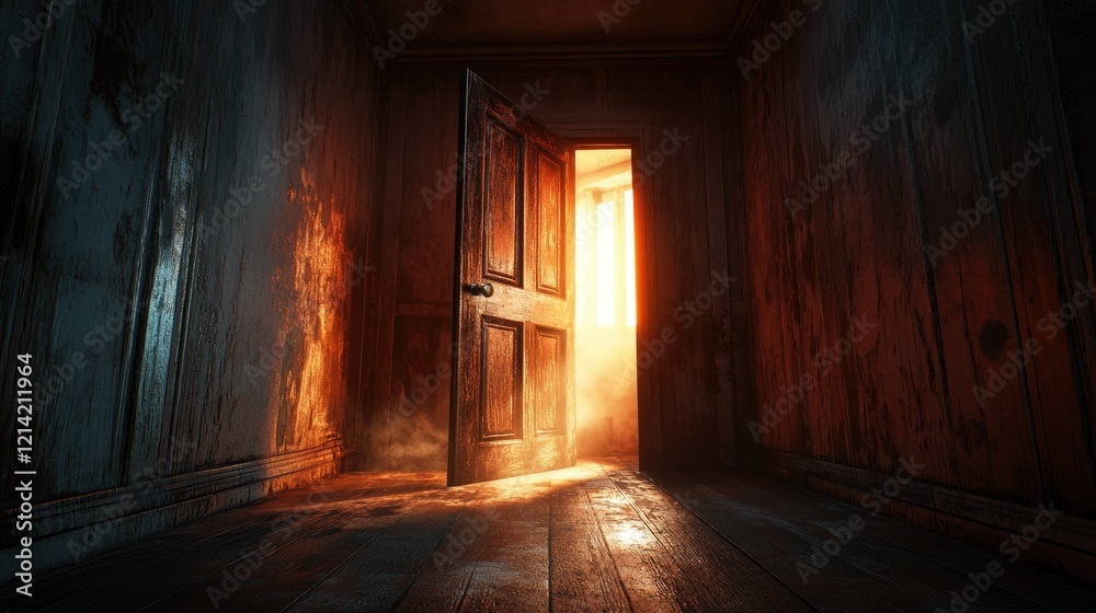 Open door with light going through it. Dark horror room Open door with light going through it. Dark horror room