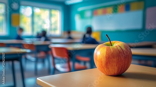 apple on a school desk in an empty classroom with a blank blackboard, symbolizing education, healthy learning, and knowledge 