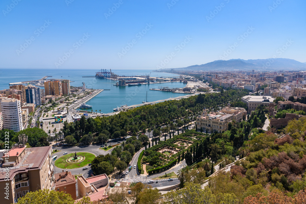 Malaga, Spain - August 06, 2024: Views of the city Malaga from the Gibralfaro Castle in the city of Malaga, Andalusia. Spain