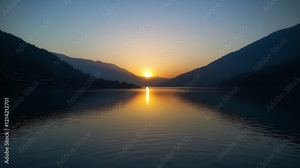 Majestic River Valley Sunrise with Shadows and Illuminated Mountain Range in Silhouettes