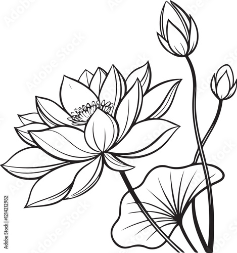 Lotus Flower Water Lily Sketch Drawing Linear Line Art Vector Illustration Isolated Black and White