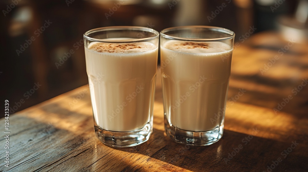Two glasses of creamy milk on a rustic wooden table, softly lit with natural tones, evoking a wholesome breakfast and dairy freshness Two glasses of creamy milk on a rustic wooden table, softly lit with natural tones, evoking a wholesome breakfast and dairy freshness