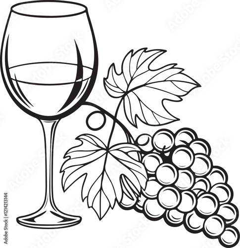 Wine Glass with Grapes Winery and Winemaking Sketch Drawing Linear Line Art Vector Illustration Isolated Black and White