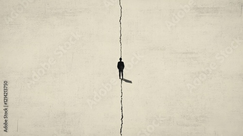 Solitary figure standing on a cracked surface.